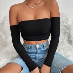 Off-Shoulder Long Sleeve Black Crop Top